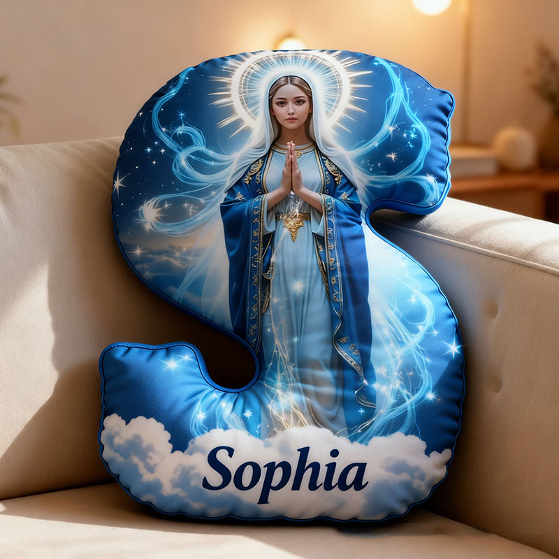 Personalized Virgin Mary Letter Pillow with Custom Name Religious Home Decor Catholic Gift for Pray & Faith Halo and Starry Graphic 3D Print Pillow