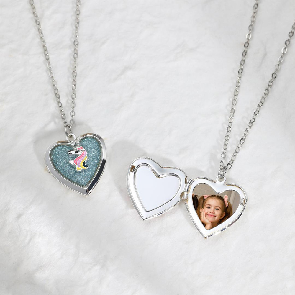 Personalized Rainbow Horse Heart Locket Necklace Cute Magic Themed Jewelry For Girls Keepsake Photo Pendant Gift Fairy Design