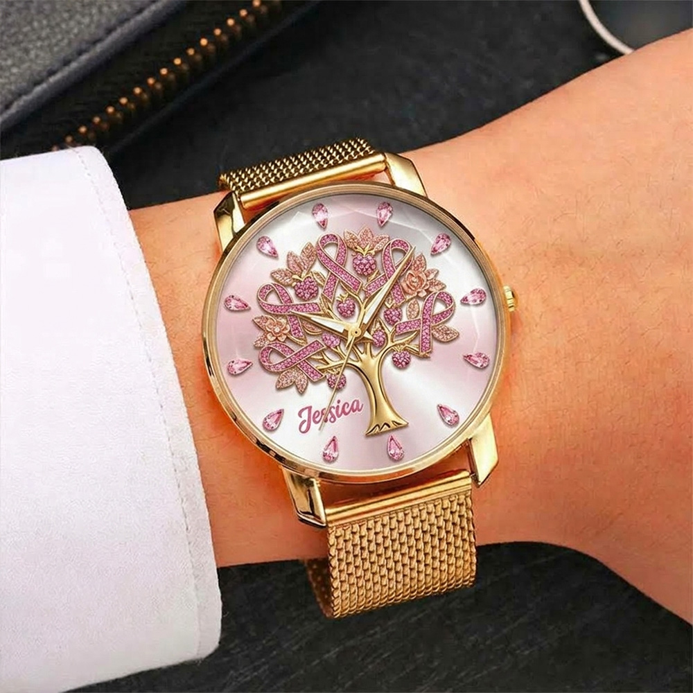 Personalized Tree Of Life Watch Elegant Gold Mesh Strap Ladies Wristwatch Custom Name Gift For Breast Cancer Warrior
