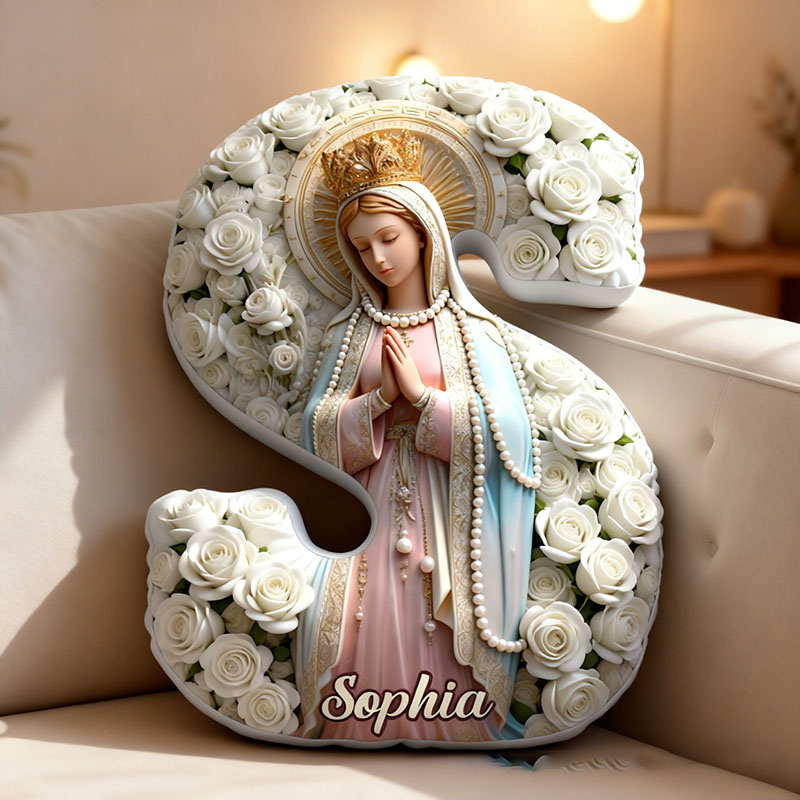 Personalized Virgin Mary Prayer Letter Pillow with Custom Name Faith Home Decor Catholic Gift for Her Golden Crown Pearl White Rose Graphic 3D Print