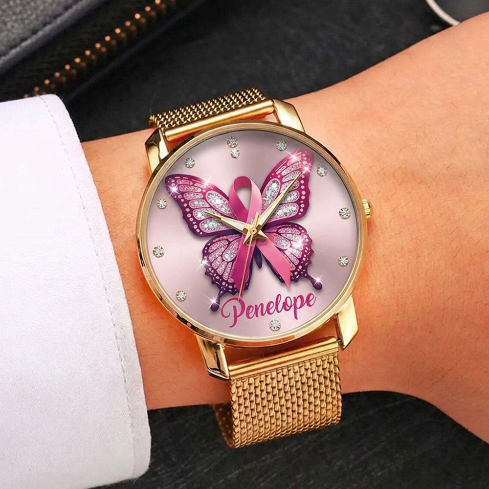 Personalized Breast Cancer Awareness Butterfly Watch Mesh Strap Pink Ribbon Ladies Wristwatch Custom Name Support Gift