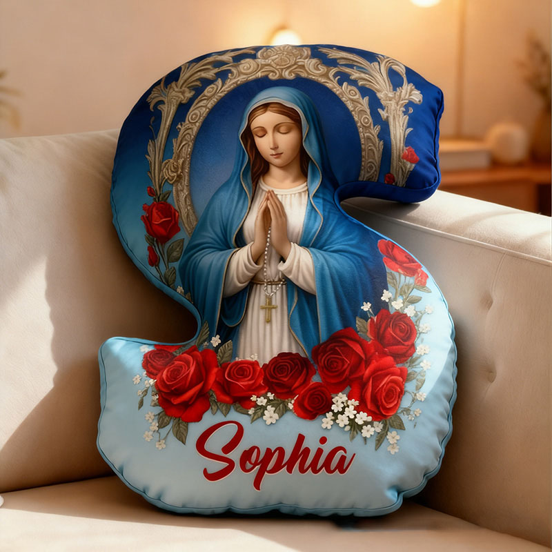 Personalized Virgin Mary Letter Pillow with Custom Name Home Decor Peace Light and Blessing Christian Gift for All Believers Red Rose Graphic 3D Print