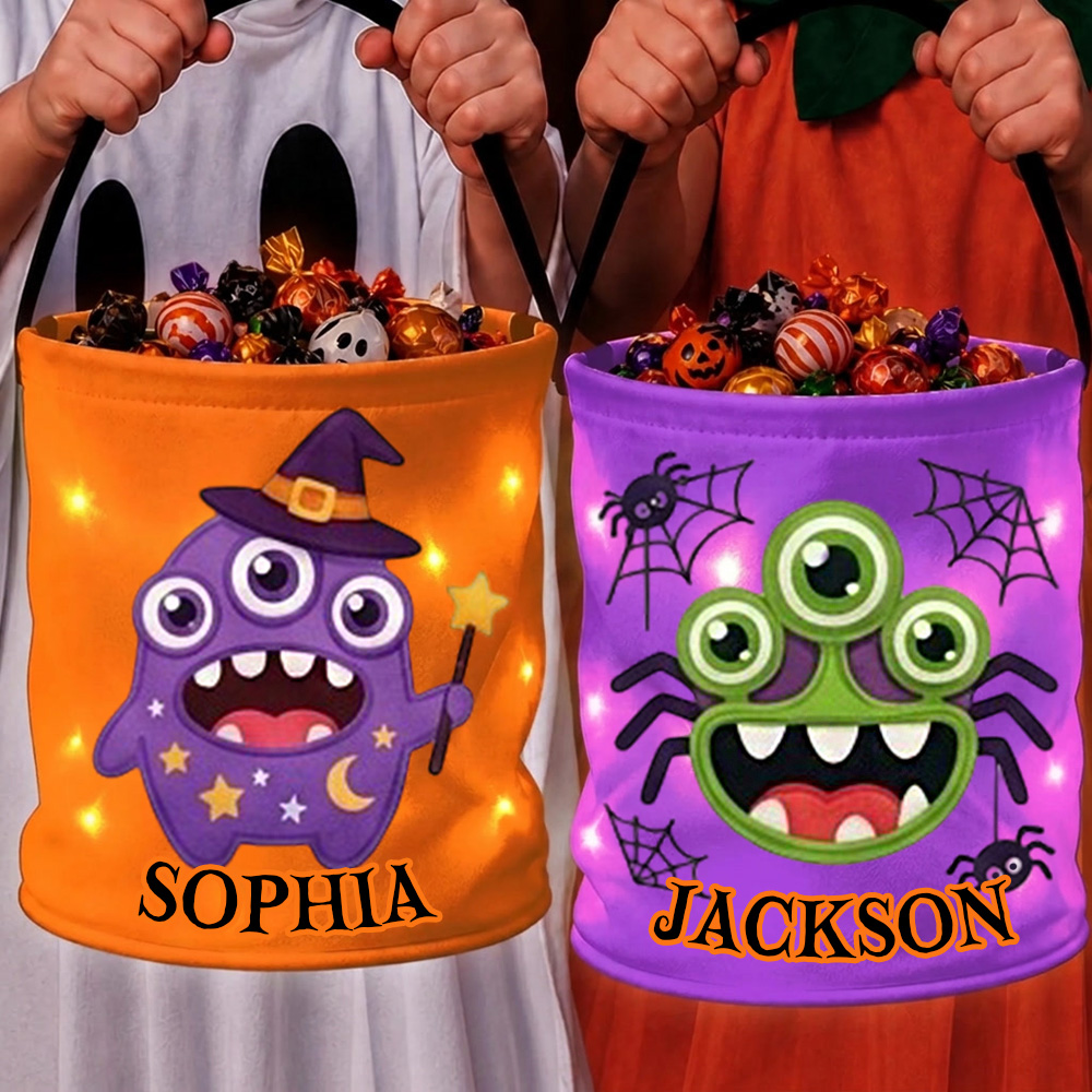 Personalized Halloween Monster Candy Bucket Kids Trick Or Treat Bag With Name Cute LED Light Up Tote Reusable Fabric Candy Holder