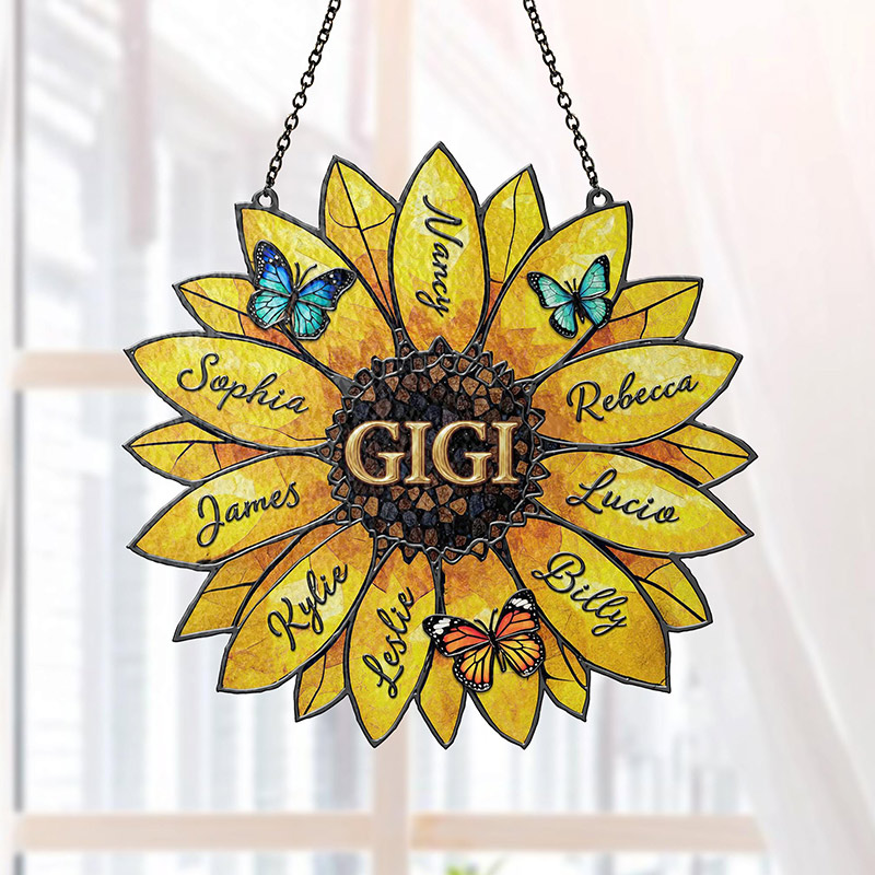 Personalized Sunflower Suncatcher Custom Family Names Stained Acrylic Window Art Gift for Mom Grandma Family
