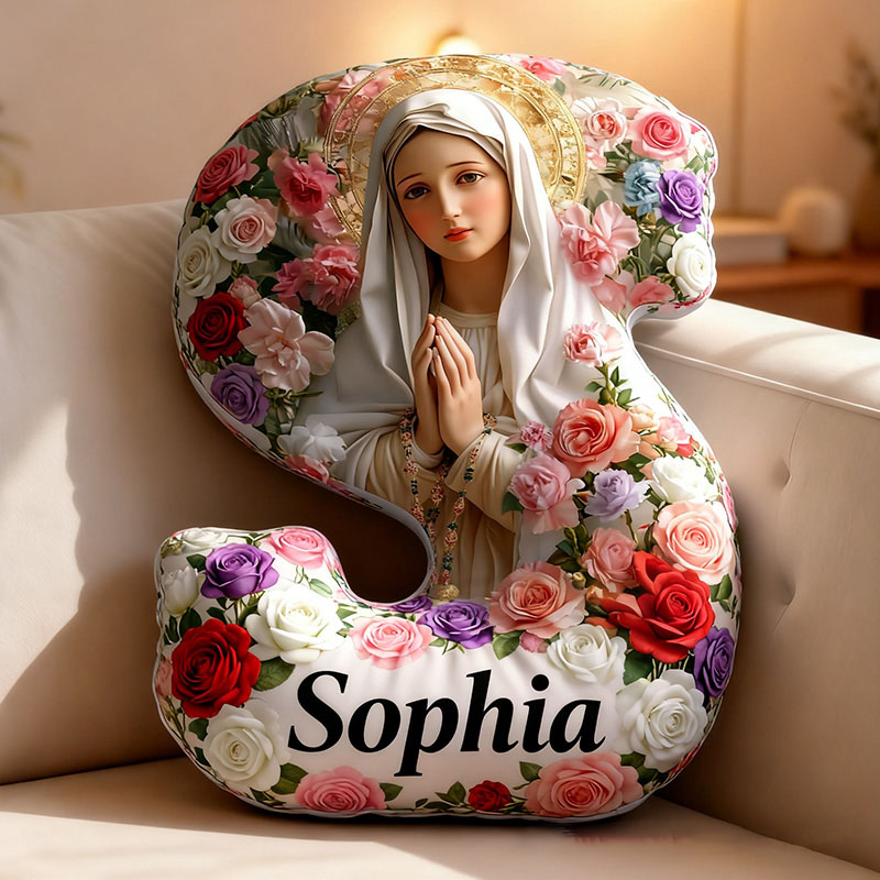 Personalized Virgin Mary Letter Pillow with Custom Name Home Decor Catholic Gift for Women Religious Gift for Believer Froral Graphic 3D Print Pillow