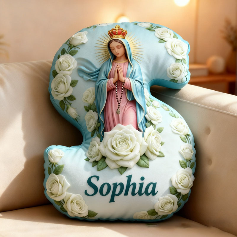 Personalized Virgin of Guadalupe Letter Pillow with Custom Name Religious Home Decor Catholic Prayer Gift for Her White Rose Graphic 3D Print Pillow