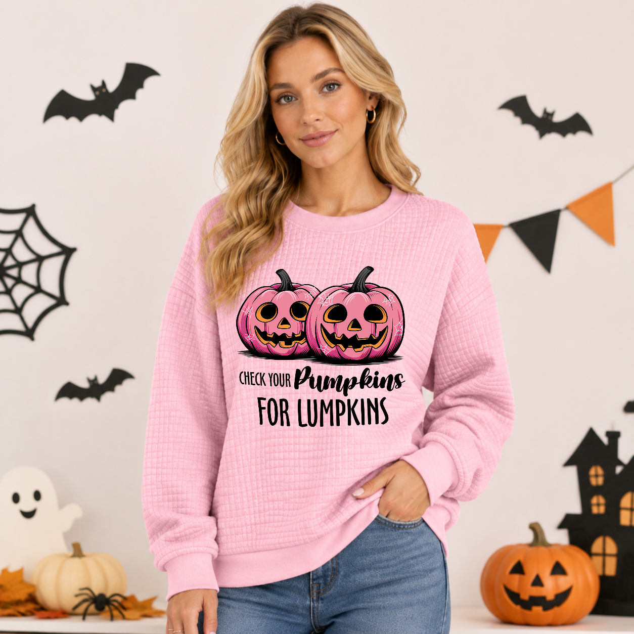 Cute Cartoon Pumpkin Graphic Waffle Knit Pullover, Funny Humor‑Themed Women’s Sweatshirt, Autumn Halloween Casual Long‑Sleeve Shirt