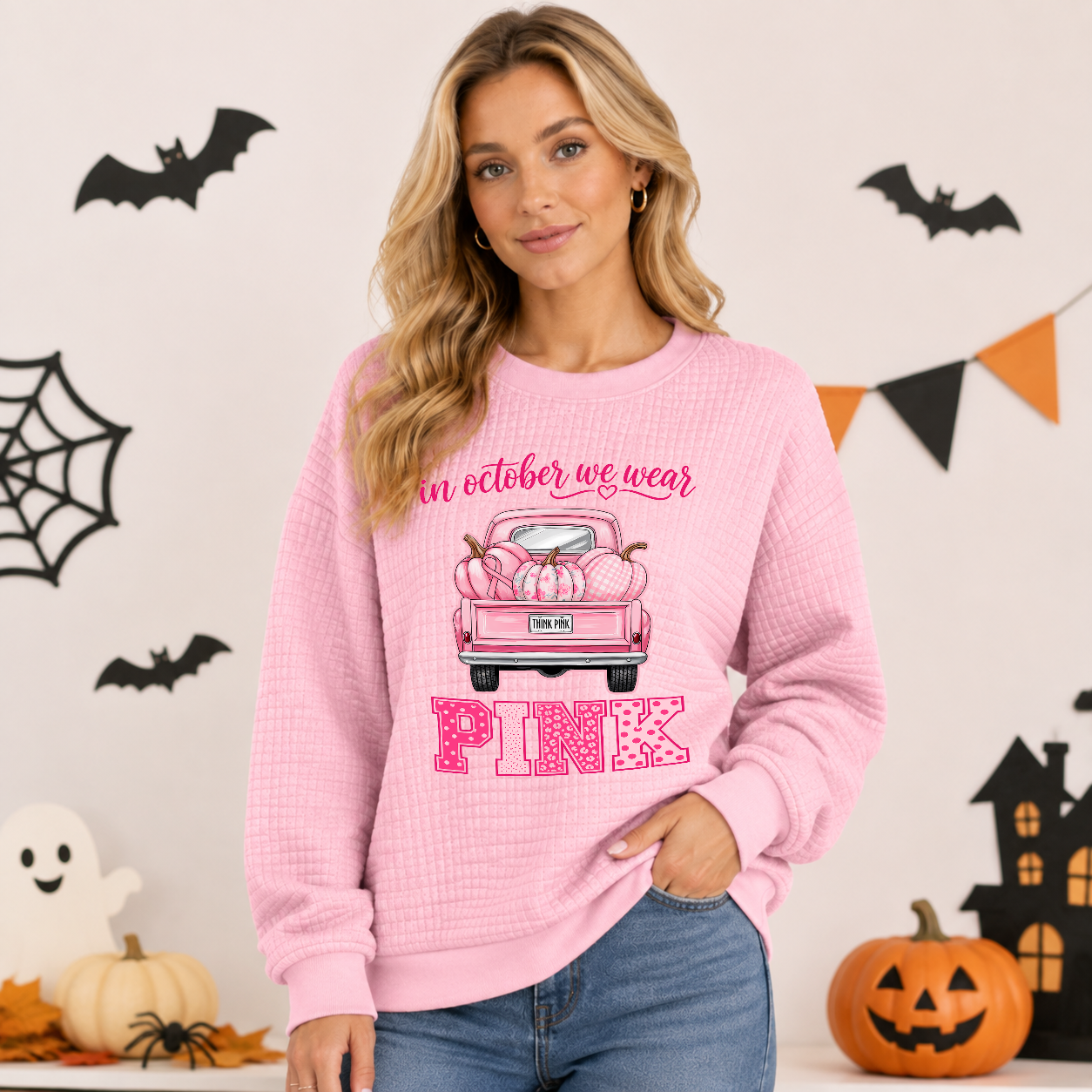 Women's Cute Pink Truck Pumpkin Waffle Knit Sweatshirt, Cartoon Fall Graphic Pullover, Casual Autumn Long-Sleeve Top