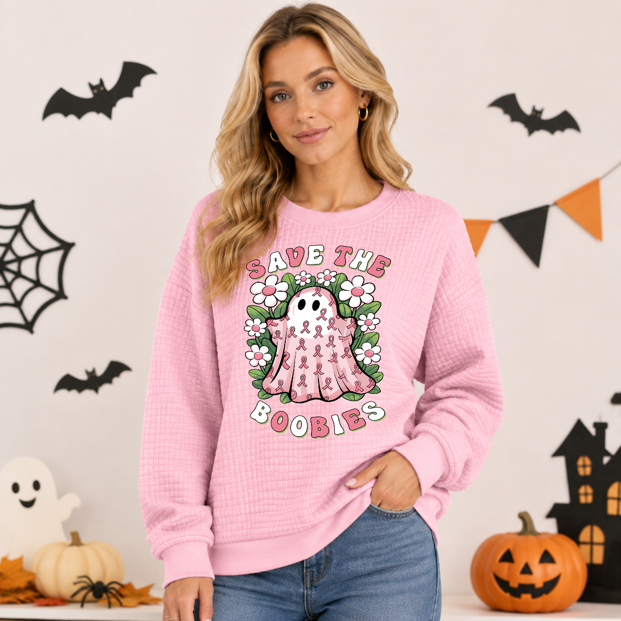Women's Cute Cartoon Ghost Pink Ribbon Waffle Knit Sweatshirt, Halloween Flower Graphic Pullover, Breast Cancer Awareness Casual Long-Sleeve Top