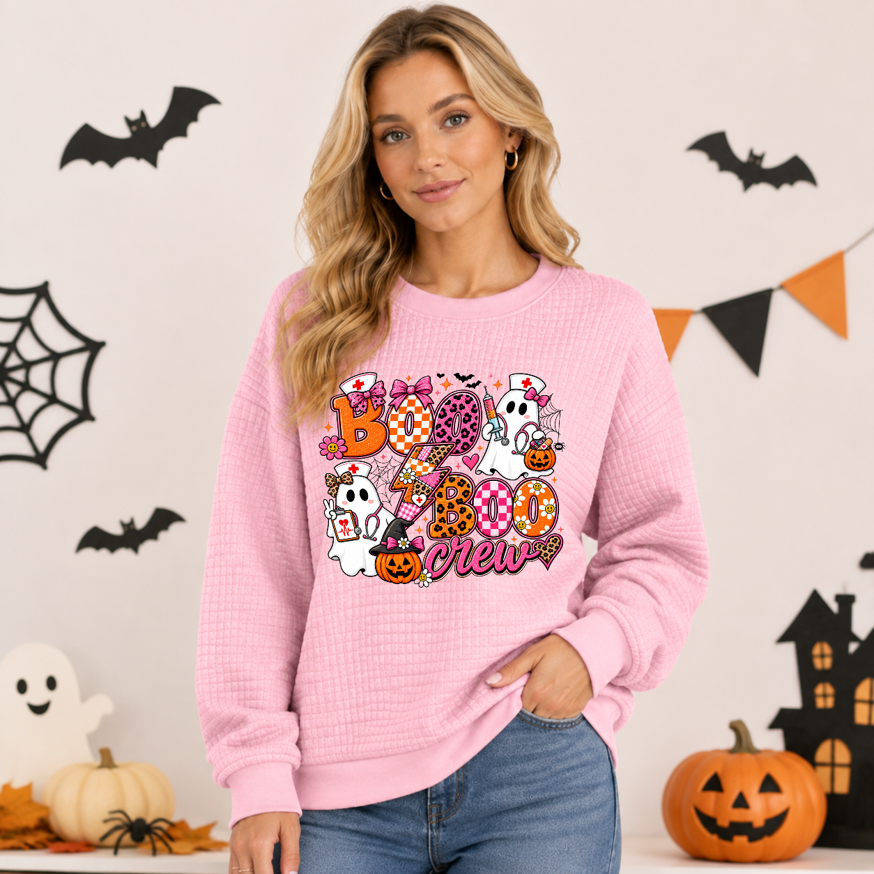 Women's Waffle-Knit Long-Sleeve Pullover, Playful Cartoon Nurse Ghost & Pumpkin Halloween Graphic Sweatshirt, Casual Autumn Wear