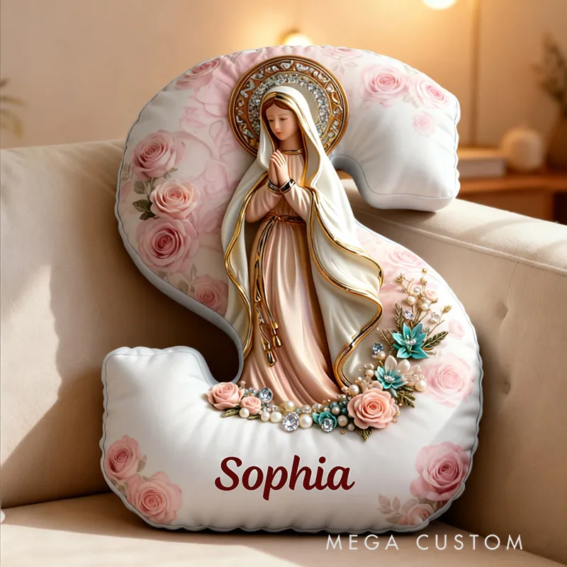 Personalized Virgin Mary Floral Letter Pillow with Custom Name Mary Religious Home Decor Catholic Gift for Her Virgin Mary Gift Graphic 3DPrint Pillow