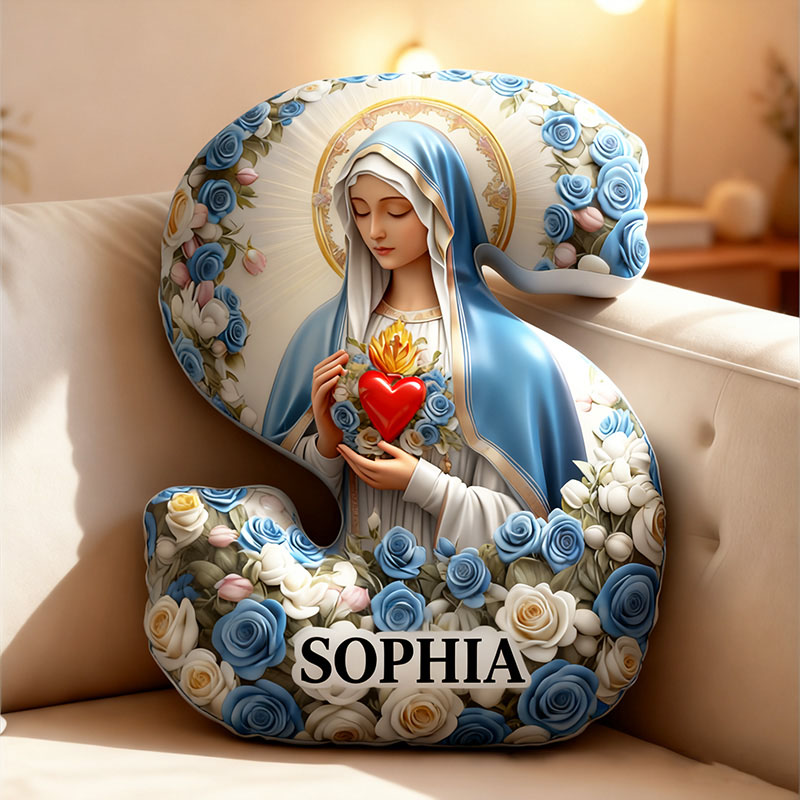 Personalized Sacred Heart Virgin Mary Letter Pillow with Custom Name Religious Catholic Gift for Her Mothers Day Gift Lady of Lourdes Graphic 3D Print