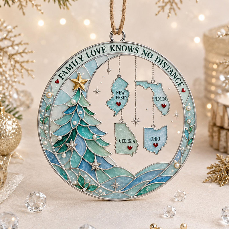 Personalized Long Distance Family Christmas Ornament Custom State Ornament Family Love Knows No Distance 2D Flat Keepsake