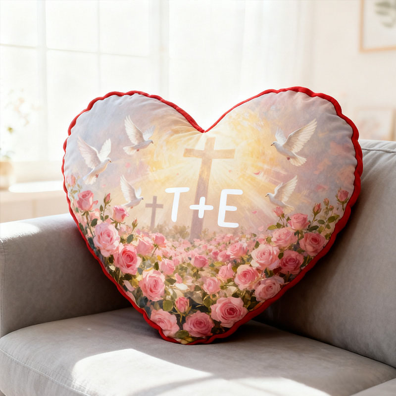 Personalized Cross and white Doves Valentine's Heart Pillow with Custom Name Home Decor Religious Faith Gift for Couple Valentine's Day Gift