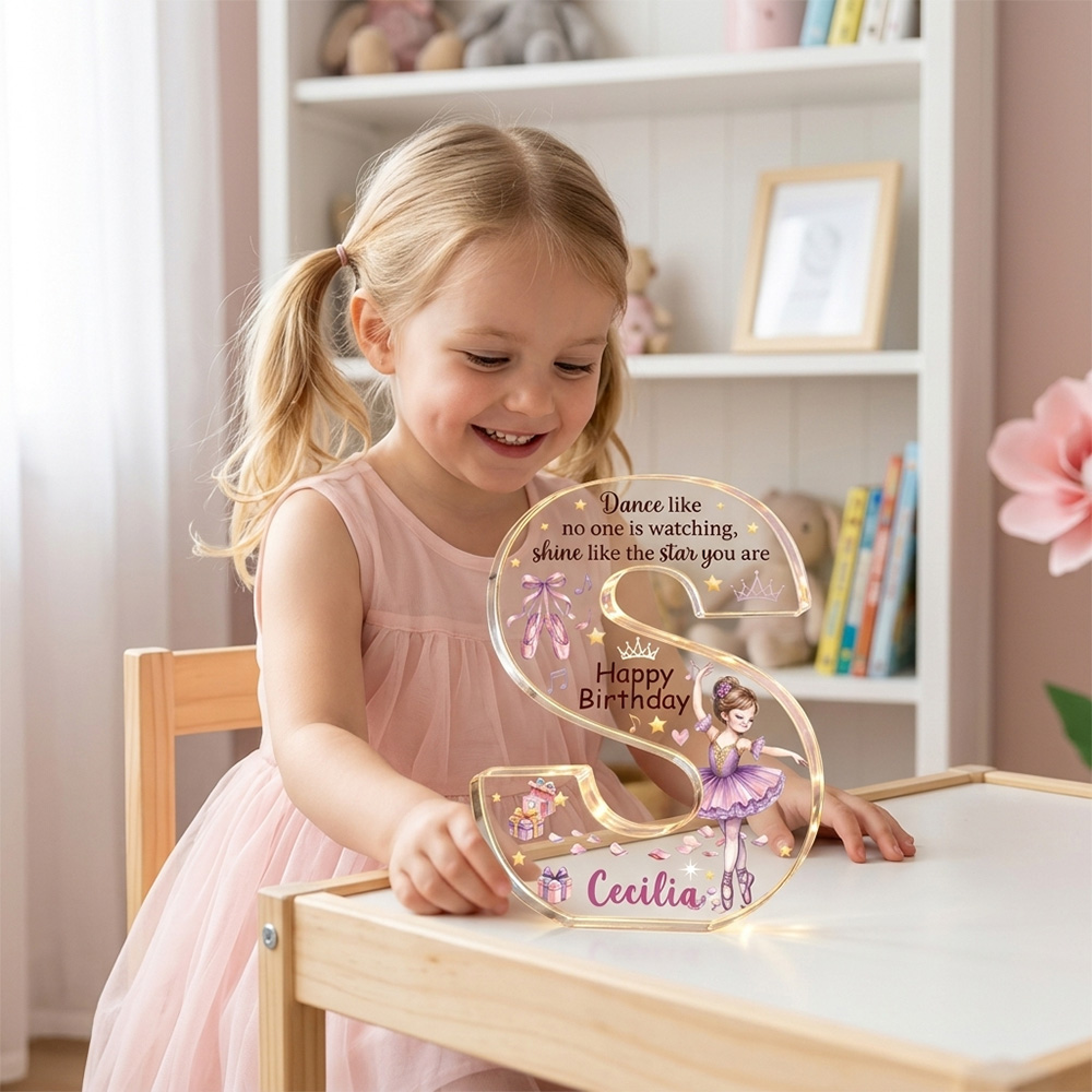 Personalized Ballerina Initial Acrylic Plaque Cute Pink Dance Girl Happy Birthday Gift For Daughter Kids Room Nursery Keepsake Decor
