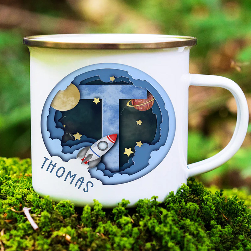 Personalised Alphabet Space Camp Mug Space Themed Boys Gift Enamel Cup Space and Planets Birthday Gift Space Cup