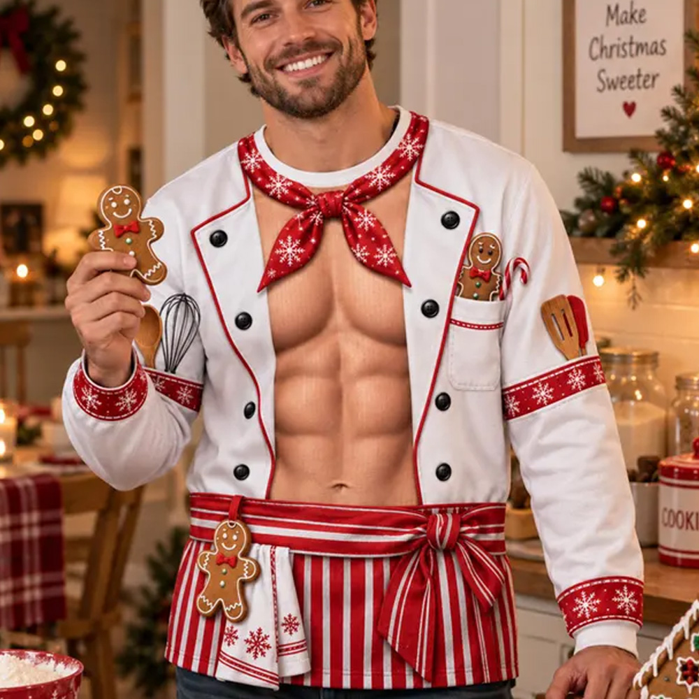 Personalized Christmas Muscular Chef Apron Funny Gingerbread Baking Costume Sexy Holiday Kitchen Gift For Men Couples Ugly Sweater