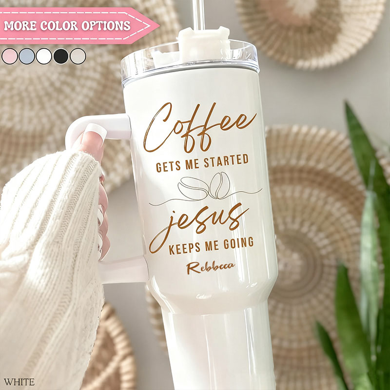 Personalized Coffee and Jesus 40oz Tumbler with Custom Name with Handle and Straw Insulated Large Water Bottle Cup Christian Gift for Coffee Lover
