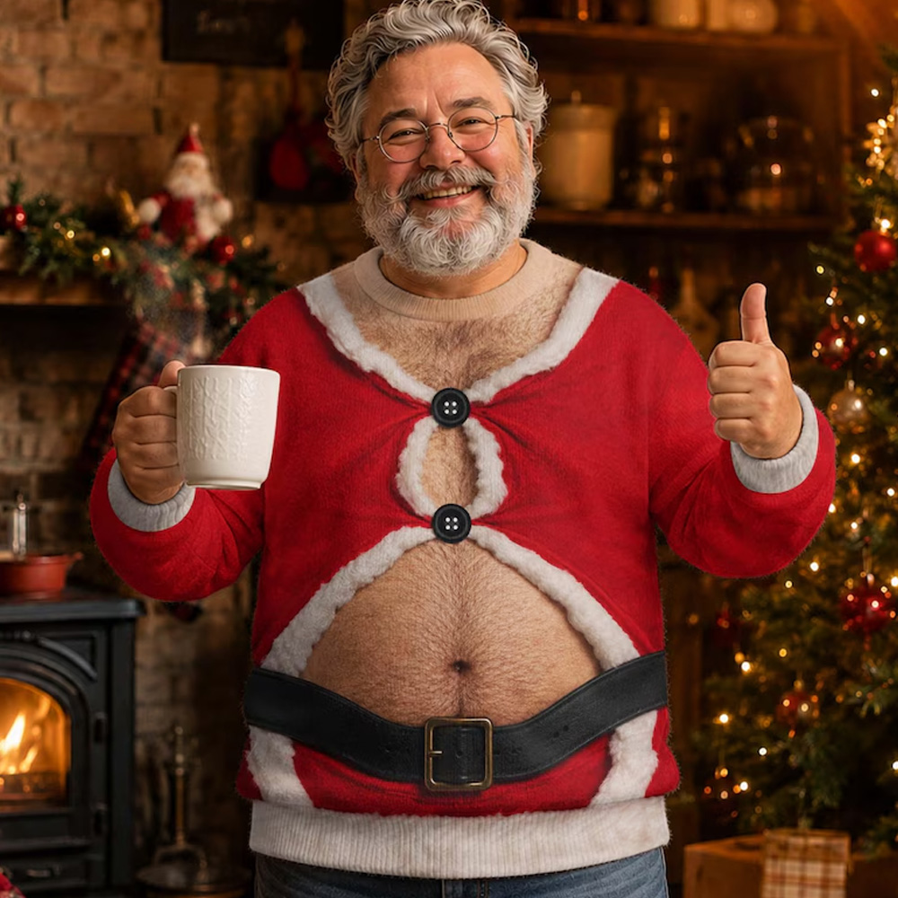 Personalized Funny Santa Belly Sweater Hairy Torso Print Christmas Ugly Sweater Style Holiday Party Outfit Gift For Men 