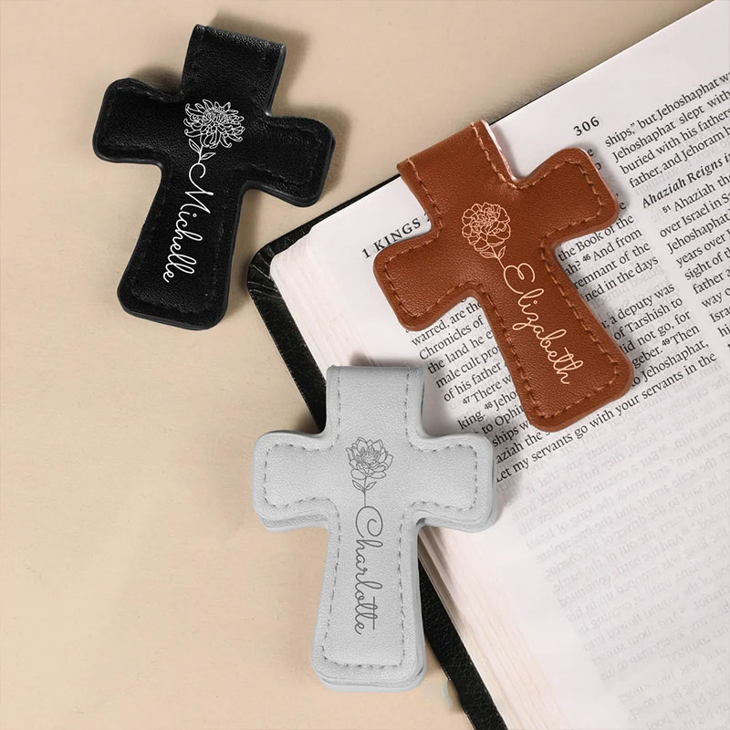 Personalized Birth Flower PU Leather Cross Magnetic Bookmark Clip with Name Reading Supplies First Communion Baptism Gift for Christians Bookworms