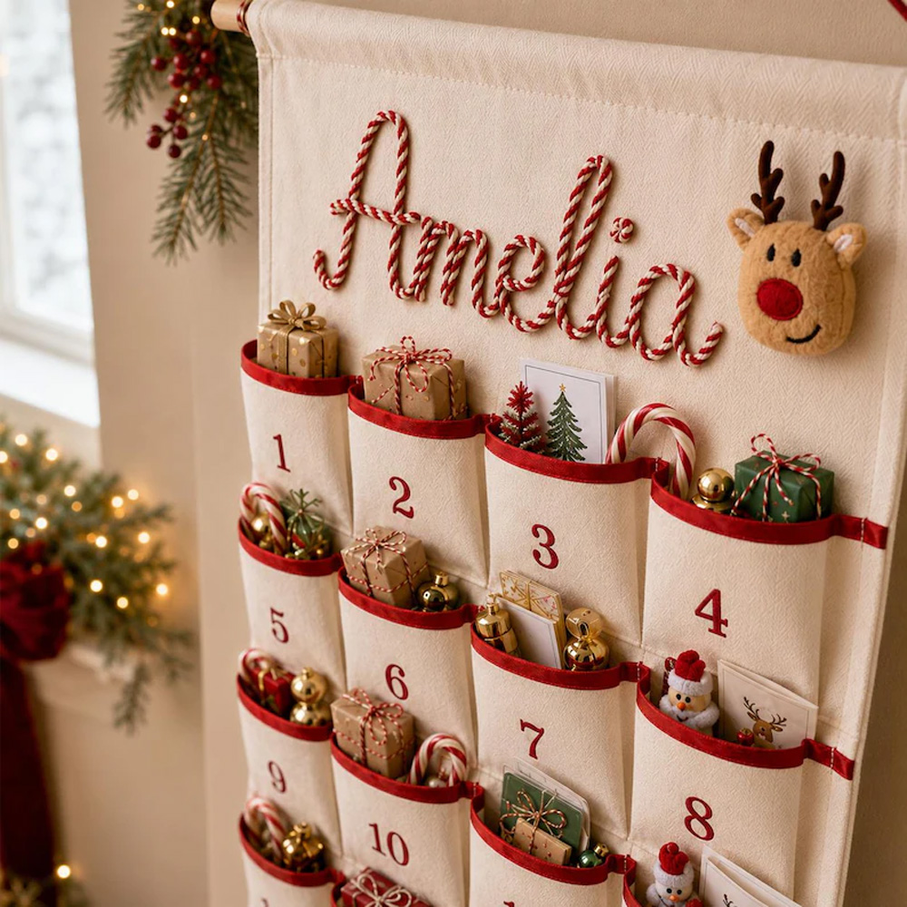 Personalized Handmade Name Yarn Name Christmas Hanging Advent Calendar Family Tradition Reusable Christmas Advent Calendar with 24 Large Pockets