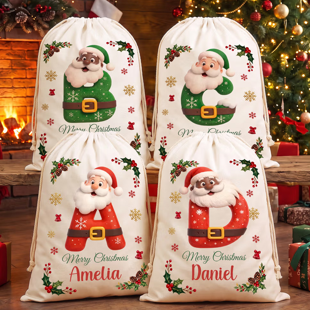 Personalized Merry Christmas Santa Claus Canvas Drawstring Gift Bag wi