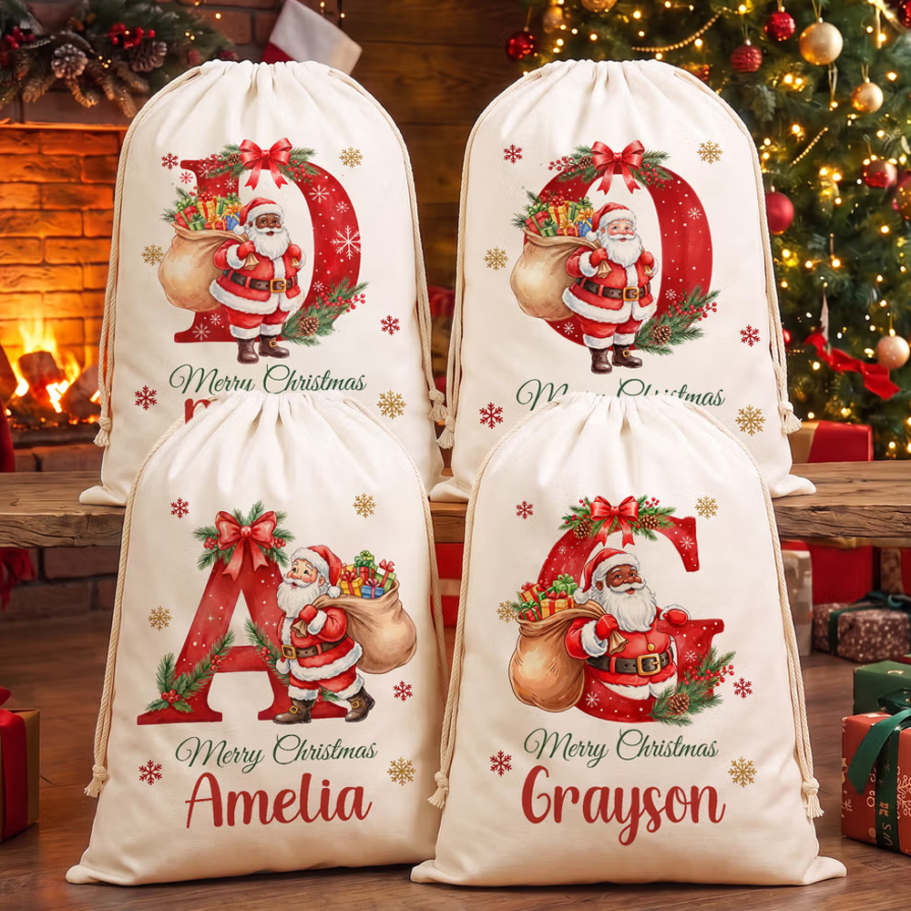Personalized Merry Christmas Santa Claus Canvas Drawstring Gift Bag wi