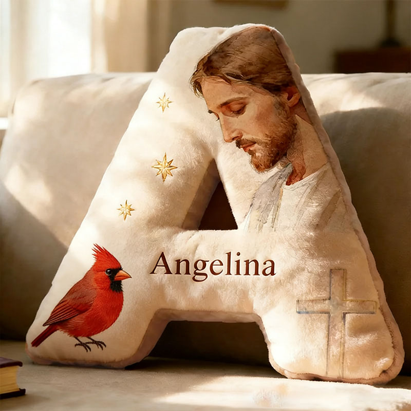 Personalized Jesus with Cardinals Letter Pillow with Custom Name Religious Home Decor Jesus Christ Graphic 3D Print Pillow Christian Gift Faith Gift