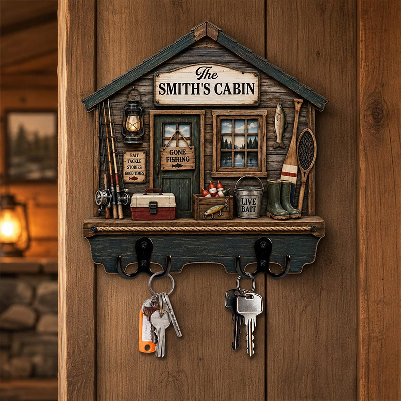 Personalized Fishing Cabin Key Holder for Dad Grandpa Gone Fishing Wall Key Rack 2D Rustic Lake House Decor Fisherman Gift Custom Cabin Sign