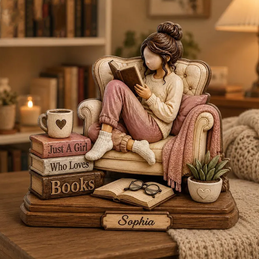 Personalized Cozy Book Lover Figurine Girl Reading On Chair Custom Name 3D Printed Sculpture Unique Gift For Readers Friends Bedroom Decor