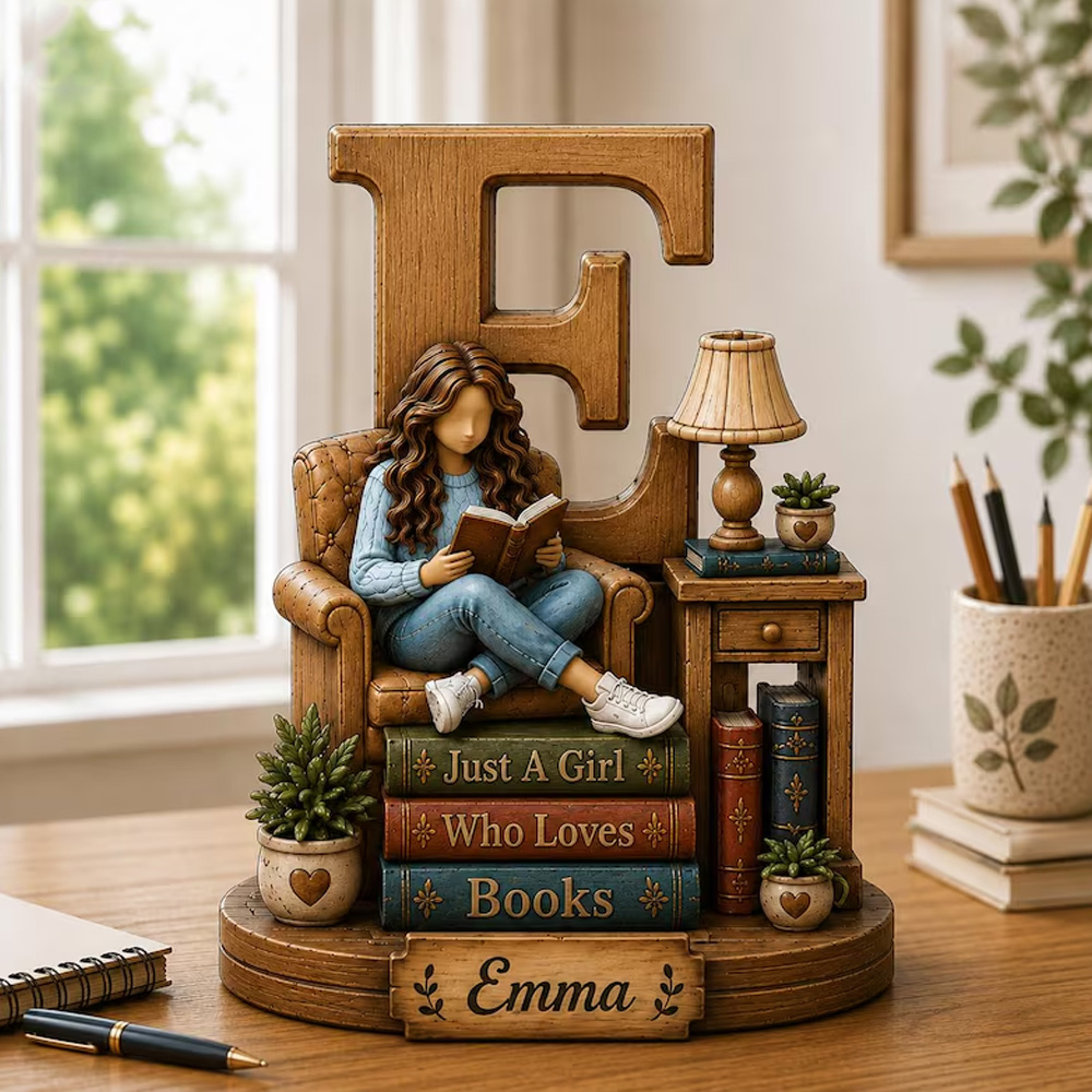 Personalized Book Lover Letter Decor Girl Reading On Chair Custom Name Initial Monogram Gift For Readers Bedroom Desk Shelf Home Ornament