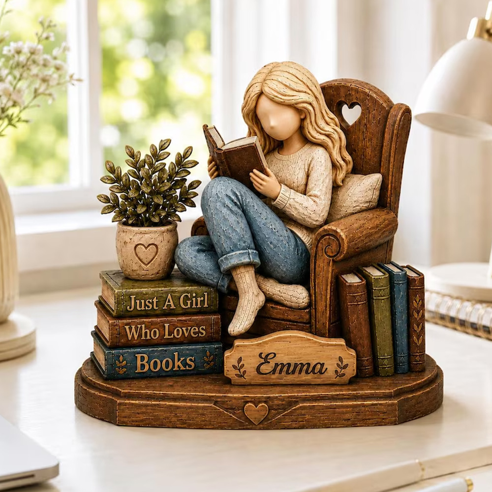 Personalized Book Lover Figurine Girl Reading On Chair Custom Name Gif