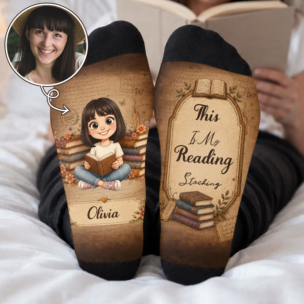 Personalized Vintage Cartoon Reading Character Photo Soft Mid-Calf Soc