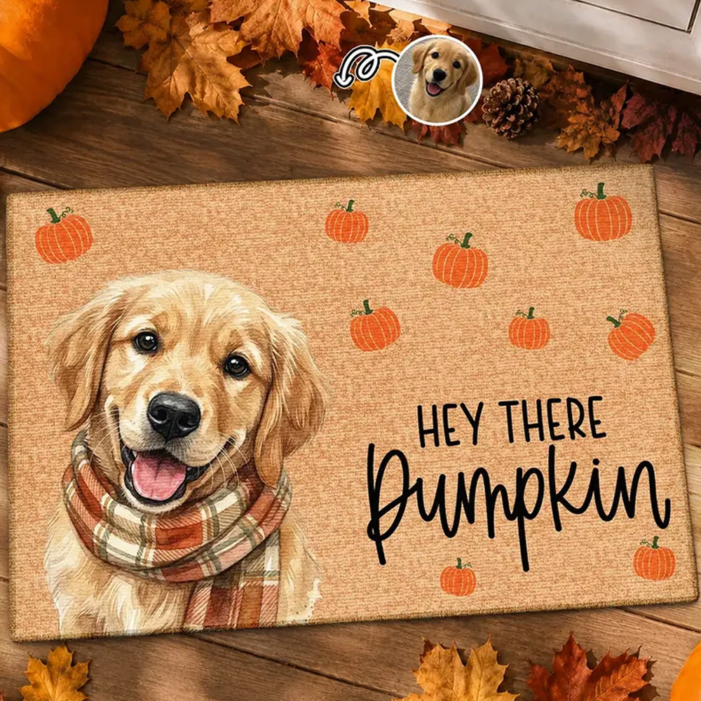 Personalized Doormat Photo Watercolor Pet With Autumn Accessories Hey There Pumpkin