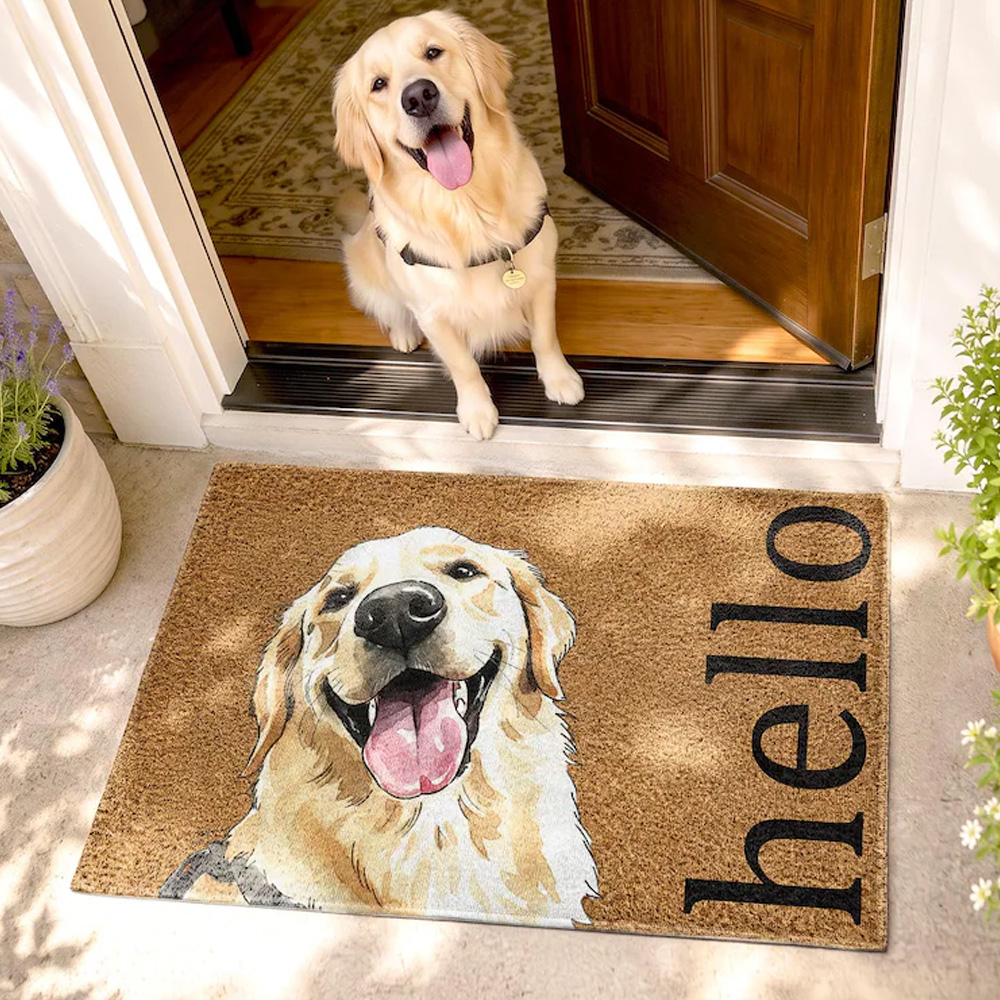 Personalized Dog Hello Doormat Custom Pet Portrait Front Door Mat Happy Puppy Entry Rug Gift For Dog Lovers Home Porch Outdoor Decor
