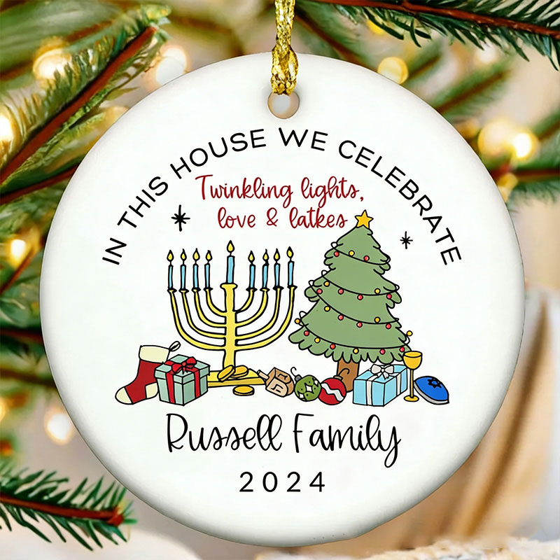 Personalized Hanukkah Christmas Ornament with Custom Family Name and Year Jewish Christmas Decor Merry Chrismukkah Gift Interfaith Family Gift