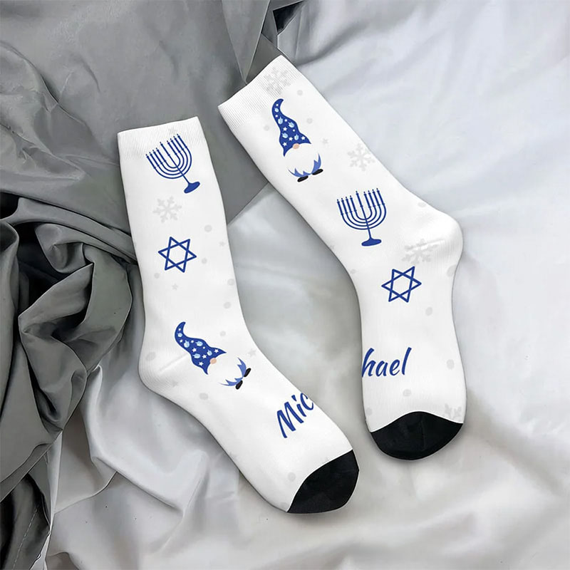 Personalized Cute Hanukkah Gnome Adult Socks with Name Comfort Breathable Happy Hanukkah Gift for Jewish Family