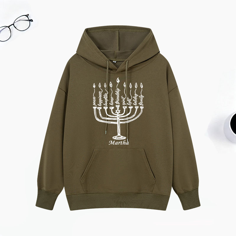 Personalized Peace Laughter Hanukkah Classic Hoodies with Name Unisex Hoodies Religious Gift Happy Hanukkah Gift for Jewish People