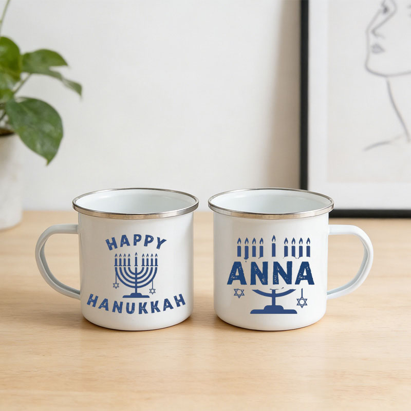 Personalized Hanukkah Menorah Campfire Enamel Mug with Custom Name Happy Hanukkah Gift for Jewish Gift for Campfire Adventurers Outdoor Enthusiasts