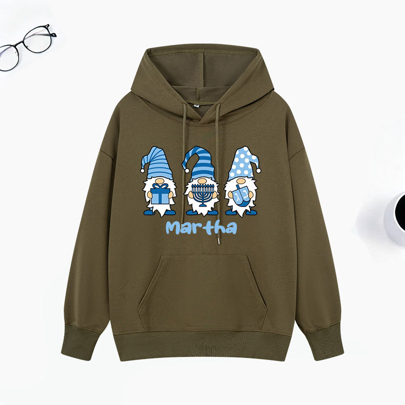 Personalized Gnomes Hanukkah Classic Hoodies with Name Unisex Hoodies Religious Gift Happy Hanukkah Gift for Jewish People