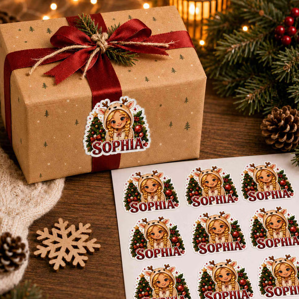Personalized Reindeer Girl Christmas-Themed Gift Labels with Name, Waterproof Stickers for Gift Decor, Party Favors Christmas Gifts for Her Family