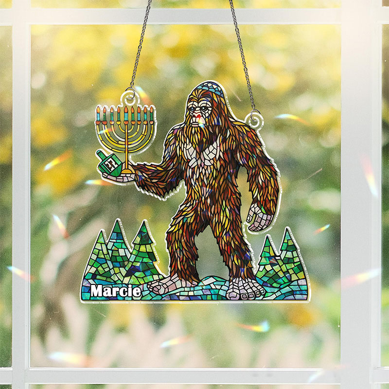 Personalized Holographic Bigfoot Hanukkah Suncatcher Ornament with Custom Name Sasquatch Judaica Window Hanging Hanukkah Decor Happy Hanukkahs Gift