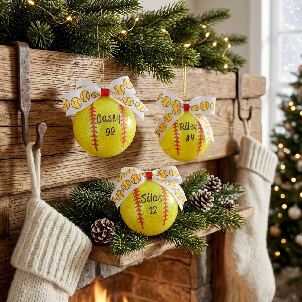 Personalized Softball Bow Ornament with Name and Number Home Tree Decor Sports Team Christmas Gift for Softball Players Lovers
