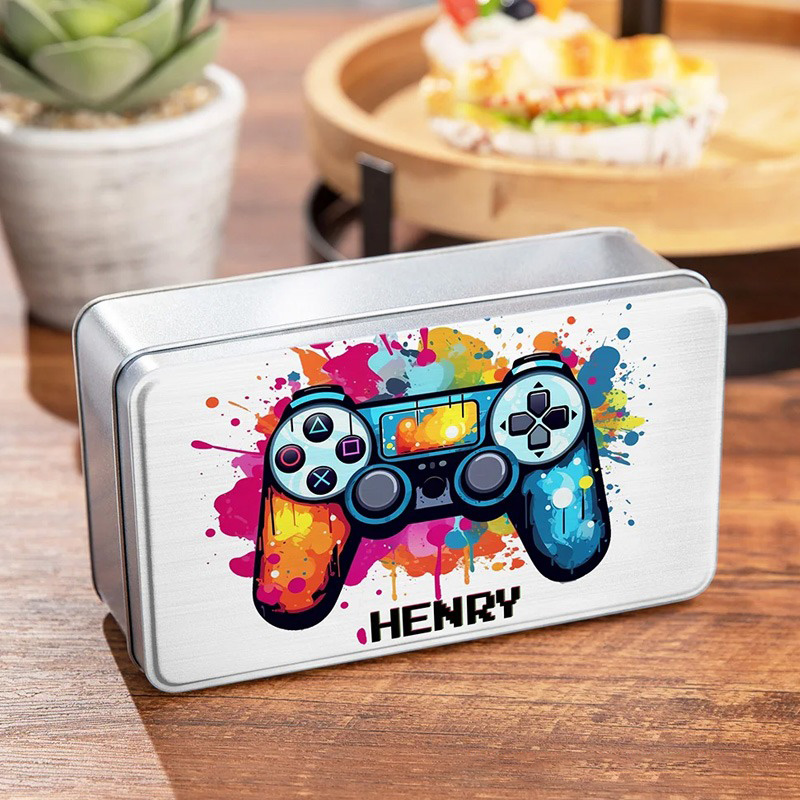 Personalized Splash-Ink Gamepad Design Biscuit Tin Storage Box with Name Birthday Gift for Kids Game Lover