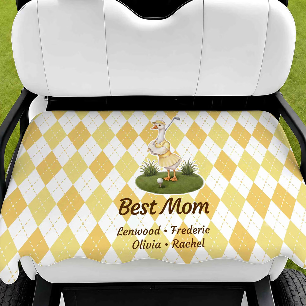 Personalized Names Cartoon Animal Diamond Grid Breathable Golf Cart Seat Cover Golf Cart Accessories Birthday Gift for Mom Dad Family Golf Lovers
