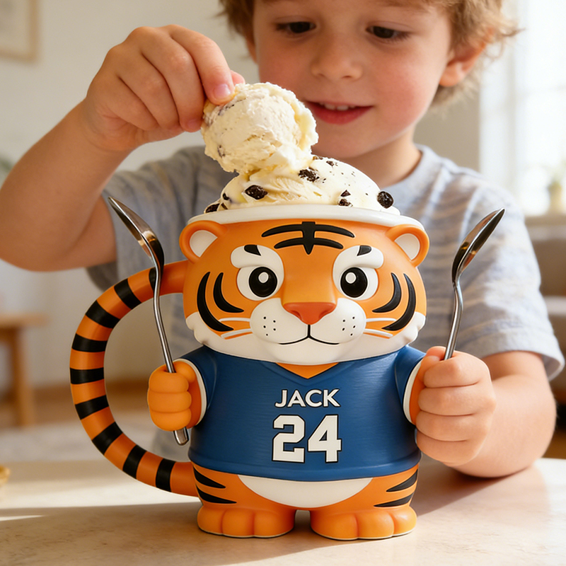Personalized Tiger Baseball Mascot Ice Cream Pint Holder 3D Printed with Spoon Slots & Snack Drawer Custom Detail for Kids and Baseball Enthusiasts
