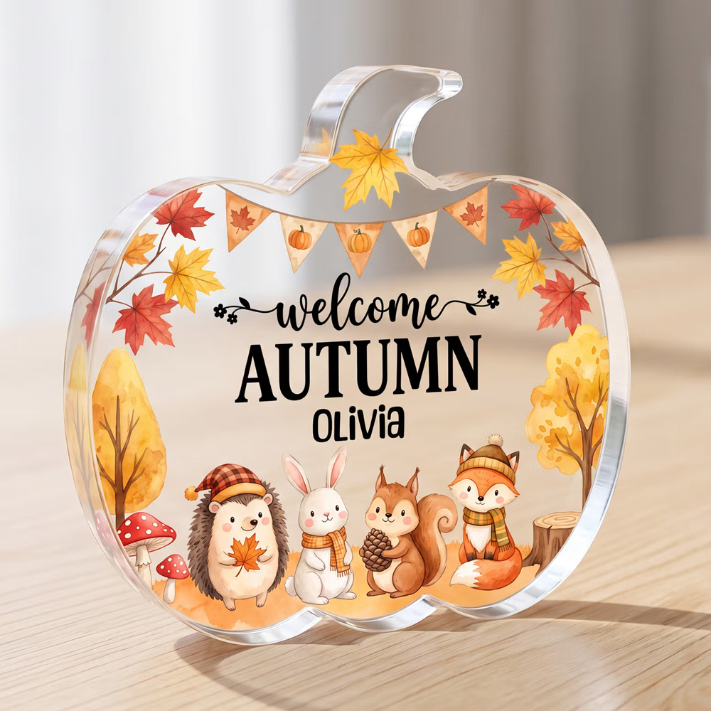 Personalized Name Welcome Autumn Cartoon Animals Pumpkin Shaped Acrylic Plaque Freestanding Fall Decoration Thanksgiving Day Birthday Gift for Kids