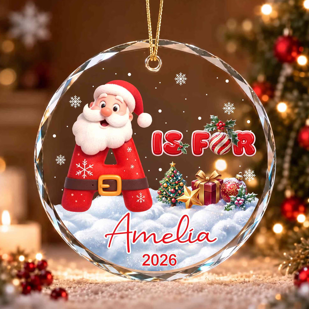 Personalized Santa Claus Alphabet Christmas Ornament with Name Year Glass Holiday Tree Hanging Decor Christmas Gift for Kids and Family