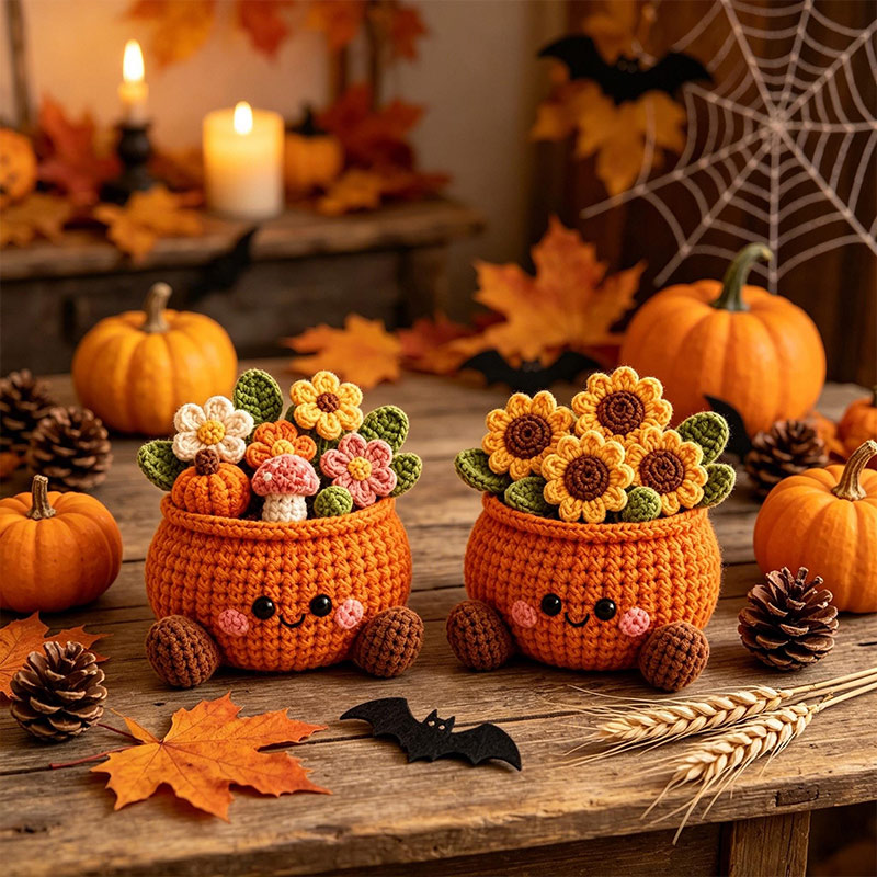 Personalized Handmade Crochet Pumpkin Flower Pot Cute Fall Desk & Tiered Tray Decor Halloween and Harvest Festival Gift for Coworker Friend Family