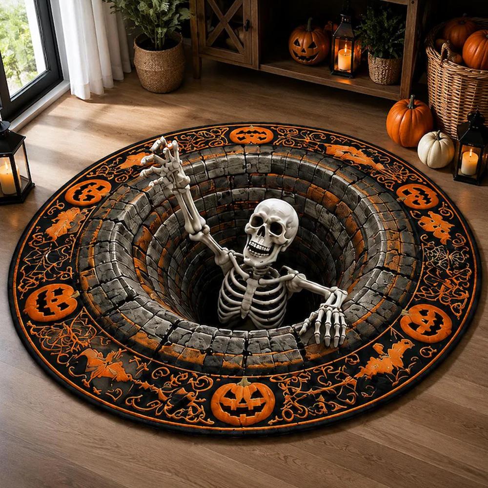 Personalized Halloween Skeleton Rug 3D Hole Illusion Round Floor Mat S